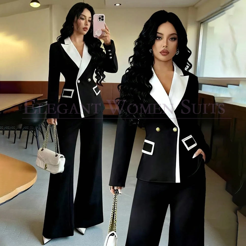 Womens Blazer - Luksusowe czarne damskie garnitury dwuczęściowe: marynarka