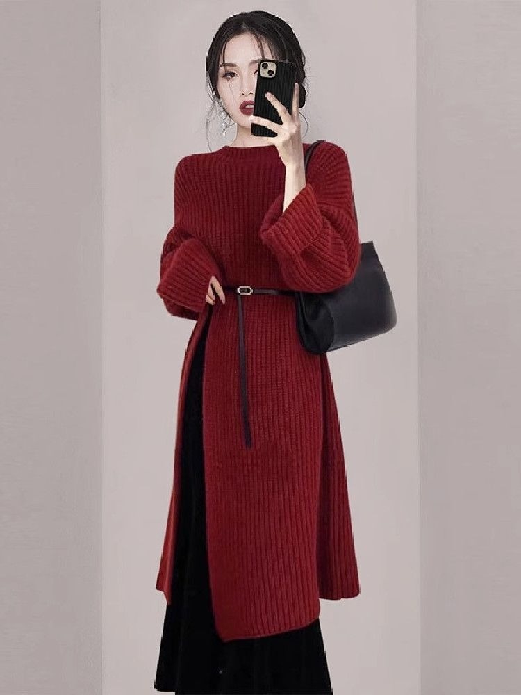 Women'S Red Formal Wear - Elegancka damska czerwona sukienka dzianinowa na