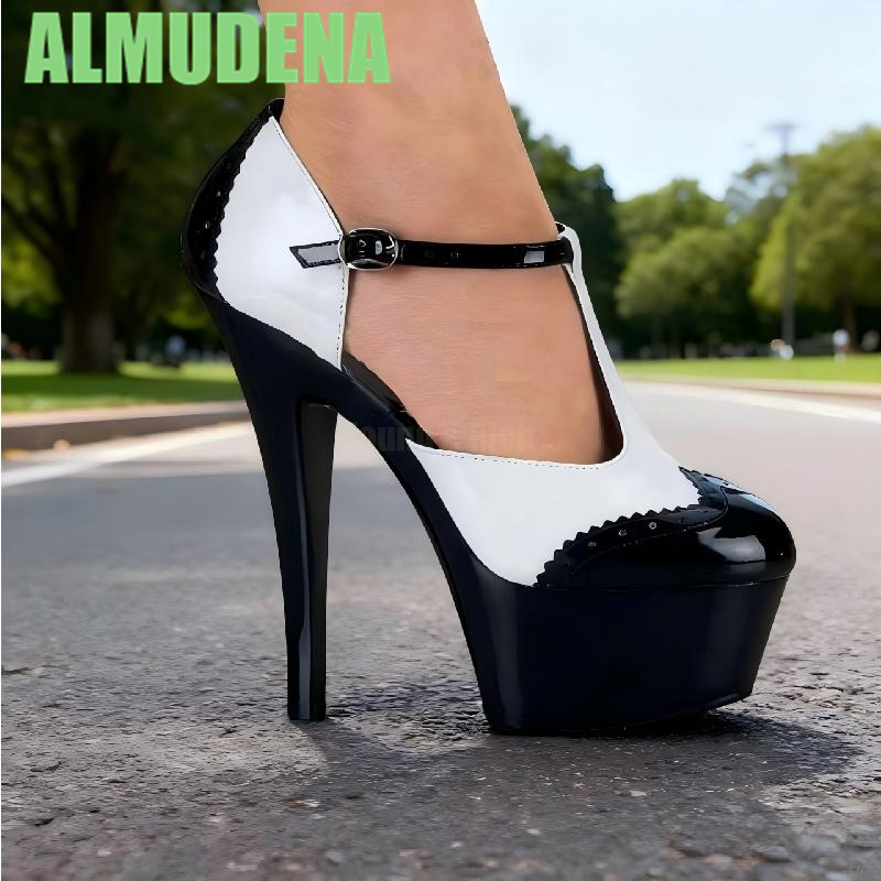 Pump Heel Block - Paskowane czarno-białe czółenka z blokami kolorów,