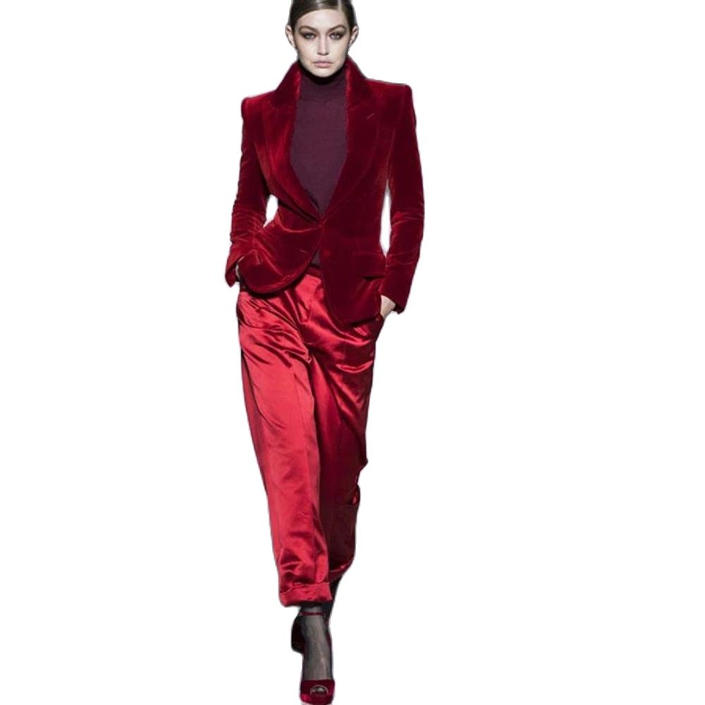 Women'S Red Formal Wear - Spodnie damskie garnitury wino czerwone aksamitne